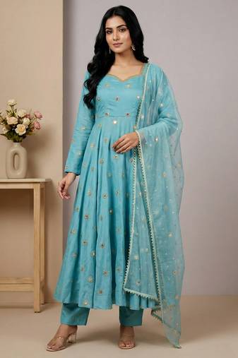 sky-blue fancy fabric festive kurta set