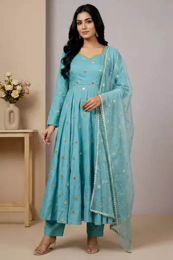sky-blue fancy fabric festive kurta set