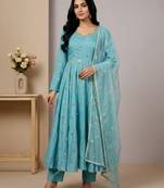 sky-blue fancy fabric festive kurta set
