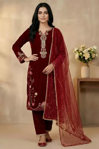 maroon velvet festive kurta set