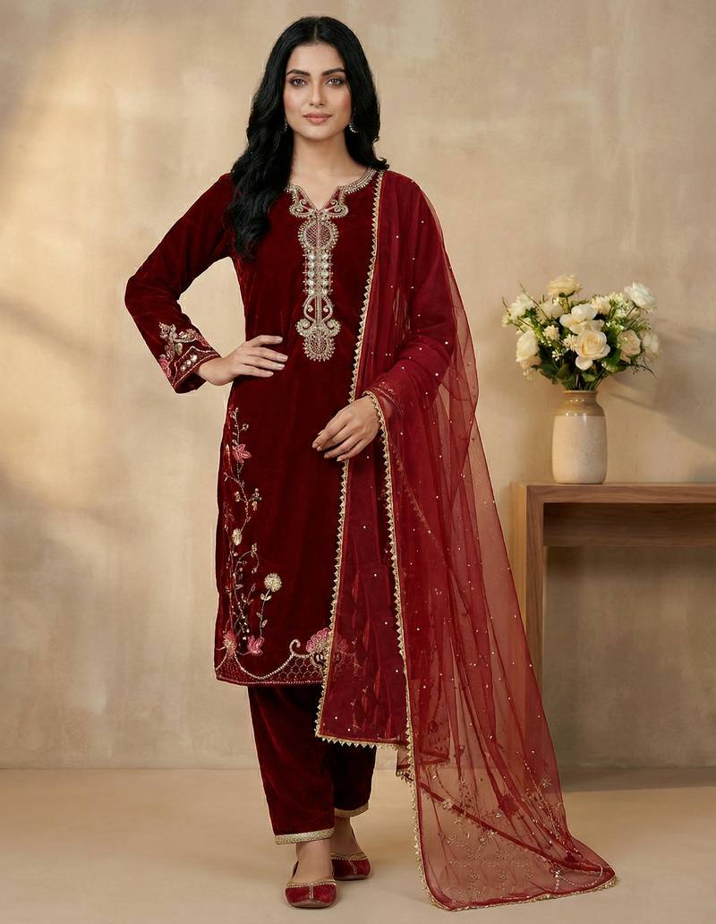 maroon velvet festive kurta set