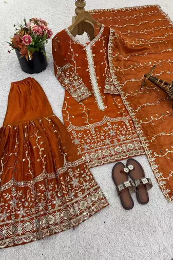 orange silk festive kurta set