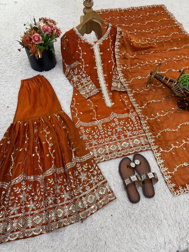 orange silk festive kurta set