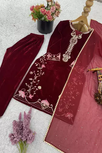 maroon velvet festive kurta set