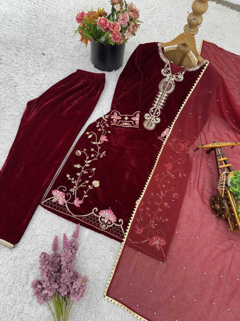 maroon velvet festive kurta set