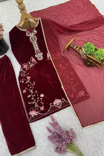 maroon velvet festive kurta set