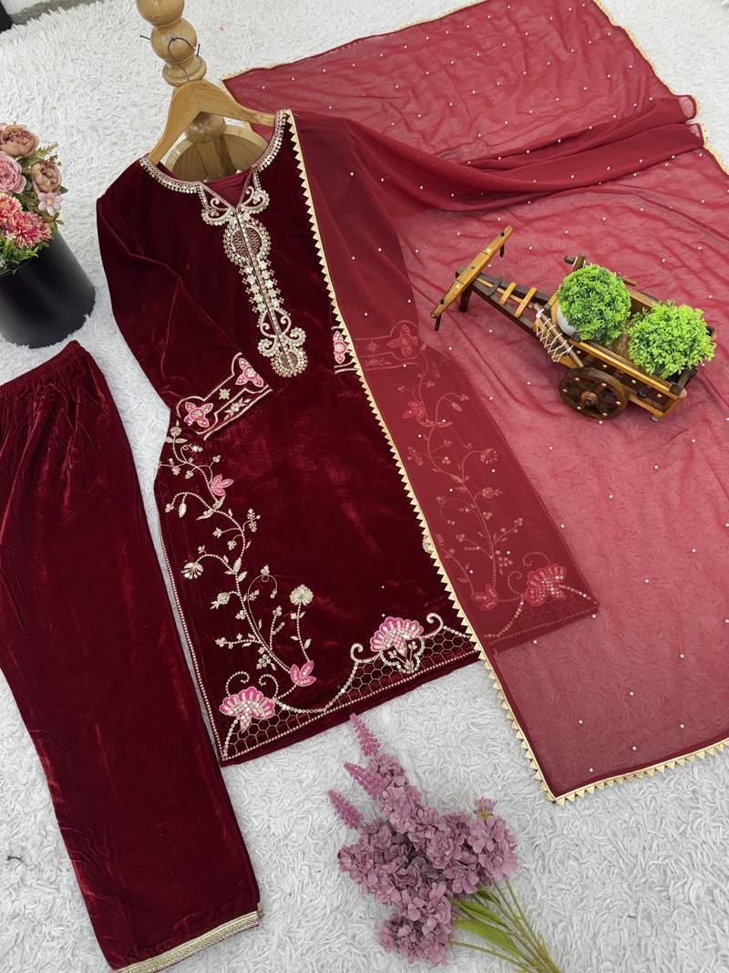 maroon velvet festive kurta set