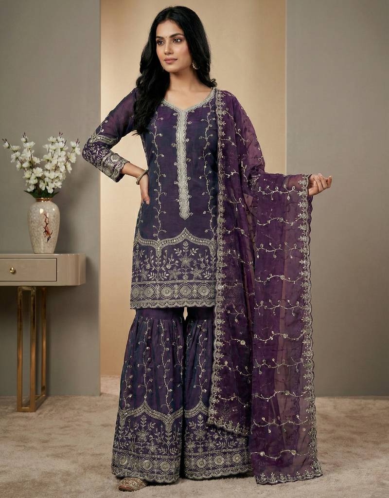 purple silk festive kurta set