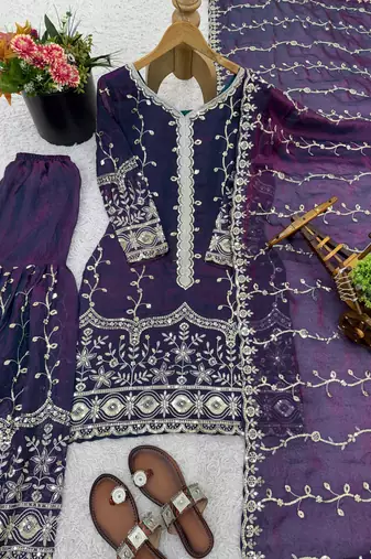 purple silk festive kurta set