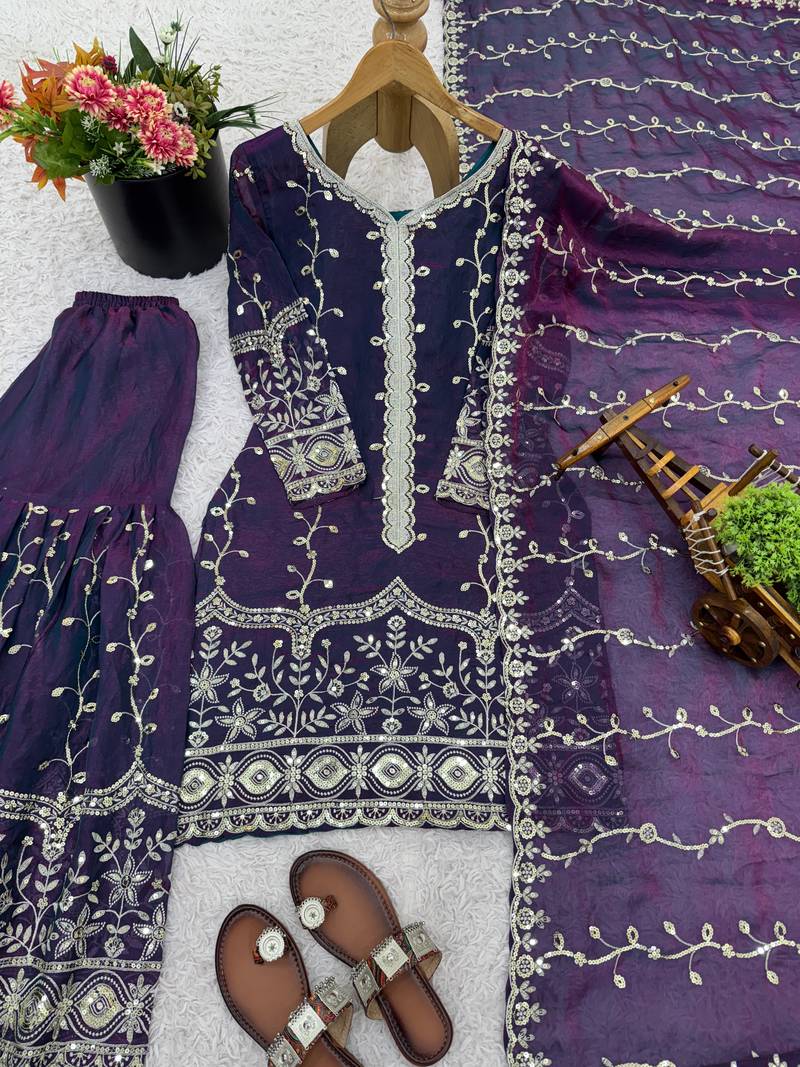 purple silk festive kurta set