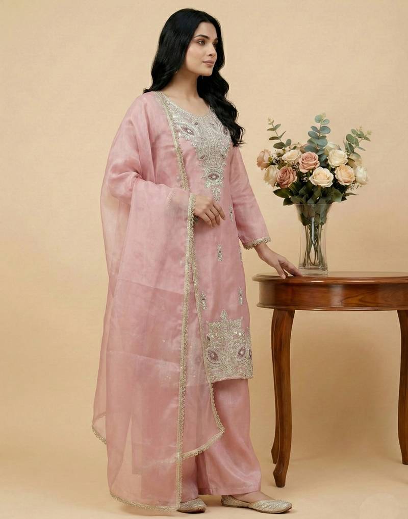 pink silk festive kurta set