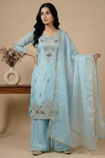 sky-blue silk festive kurta set