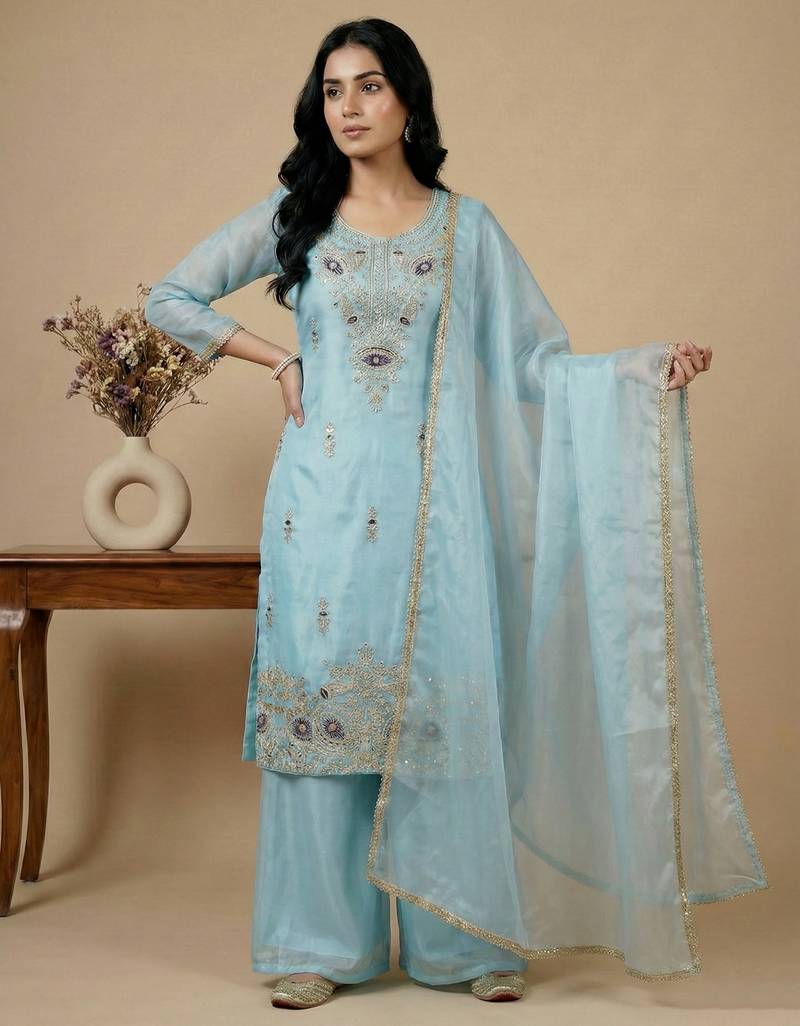 sky-blue silk festive kurta set