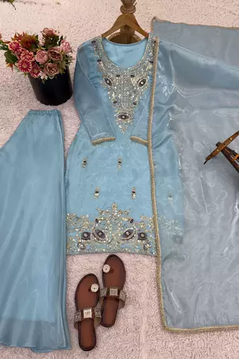 sky-blue silk festive kurta set