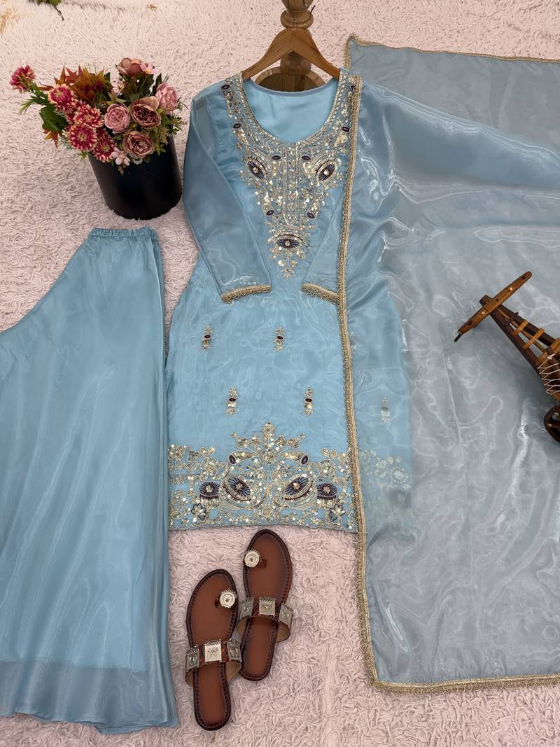 sky-blue silk festive kurta set