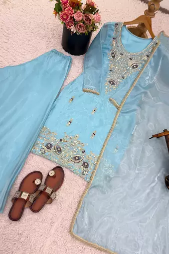 sky-blue silk festive kurta set