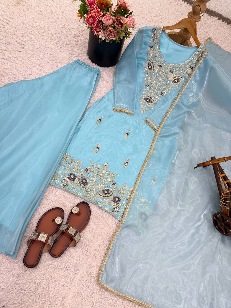 sky-blue silk festive kurta set