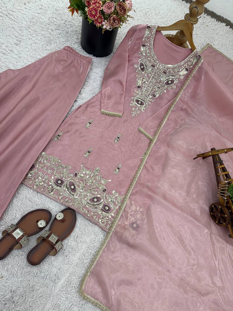 pink silk festive kurta set