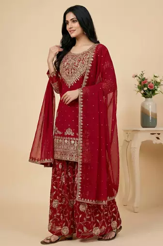 red georgette festive kurta set