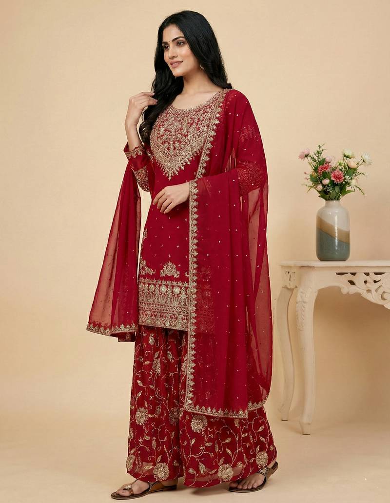 red georgette festive kurta set