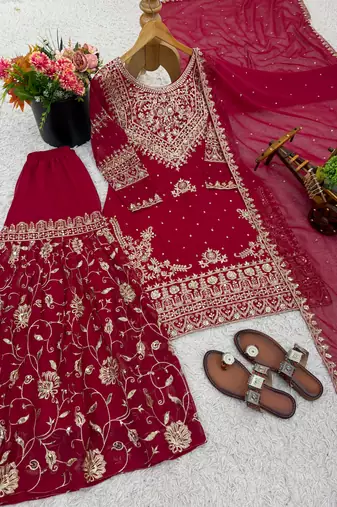 red georgette festive kurta set