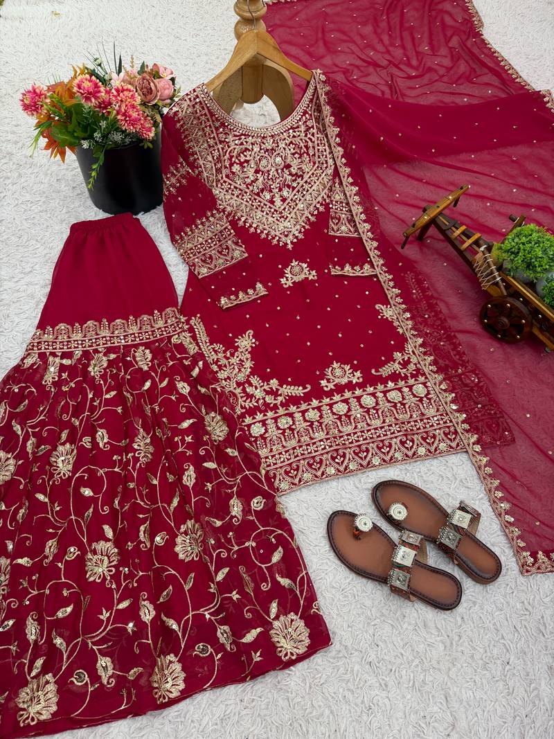 red georgette festive kurta set