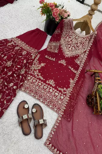 red georgette festive kurta set