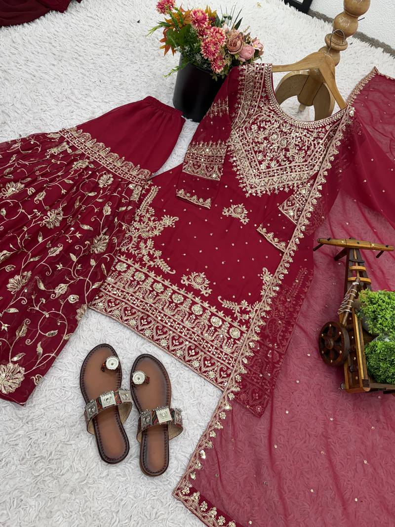red georgette festive kurta set