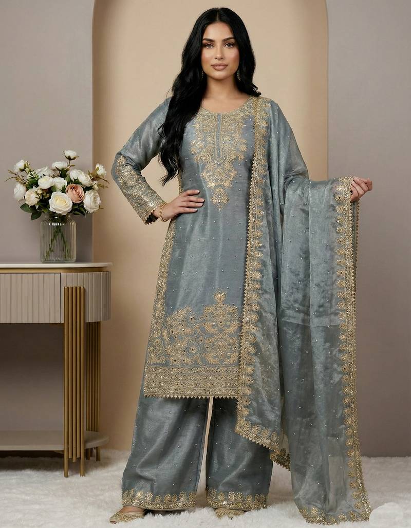 grey silk festive kurta set