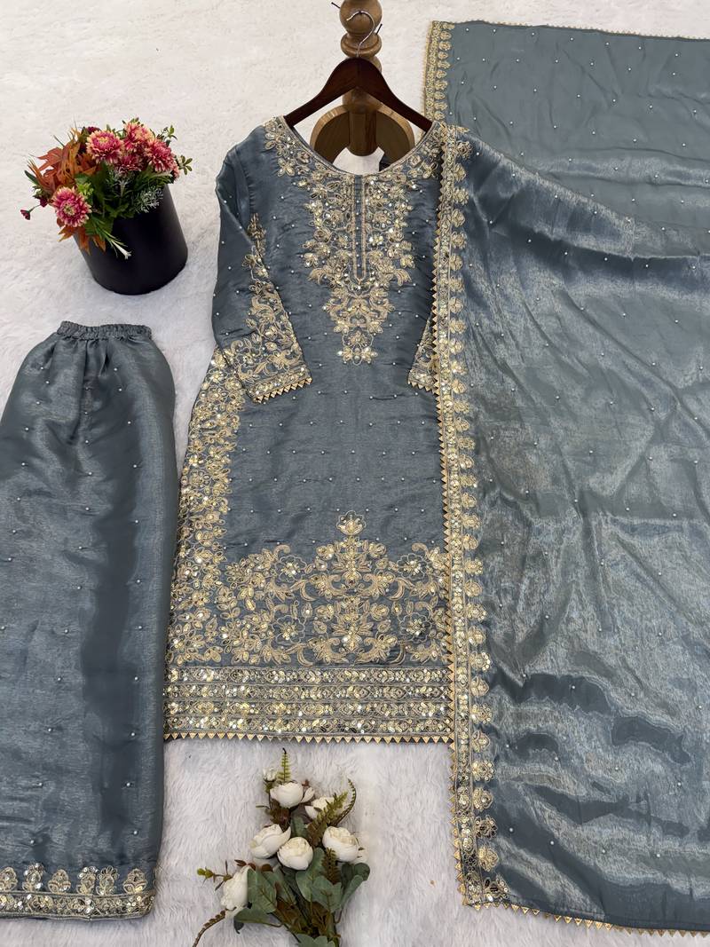 grey silk festive kurta set