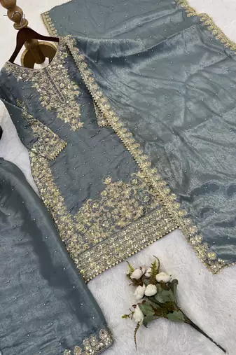 grey silk festive kurta set