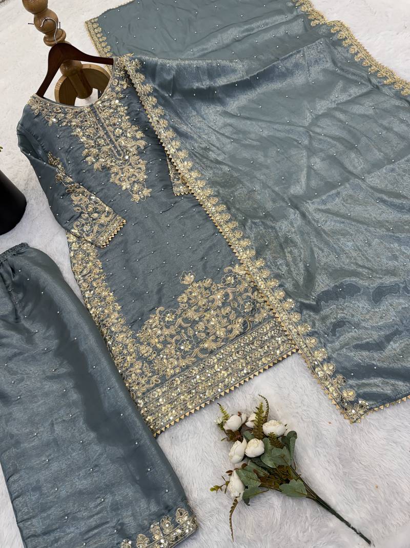 grey silk festive kurta set