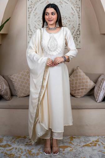 white silk blend festive kurta set