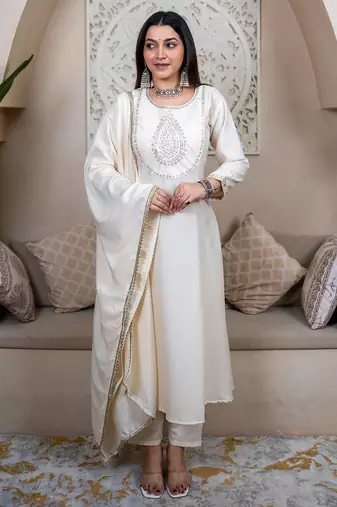 white silk blend festive kurta set