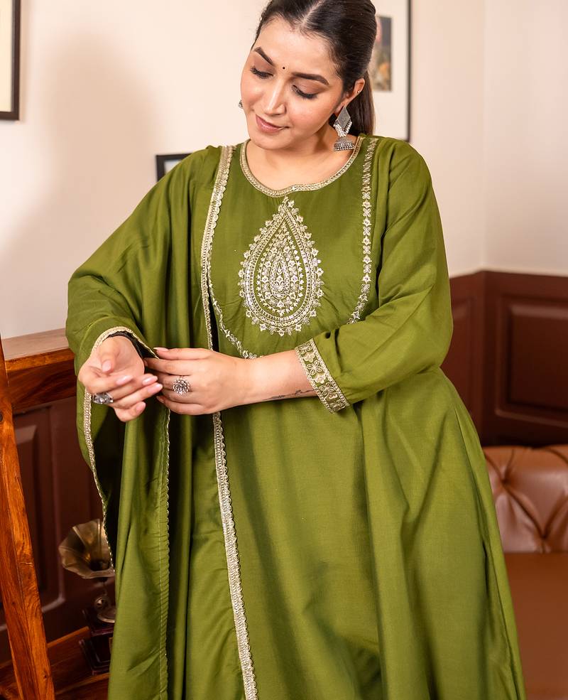 mehendi silk blend festive kurta set