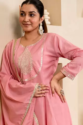 pink silk blend festive kurta set