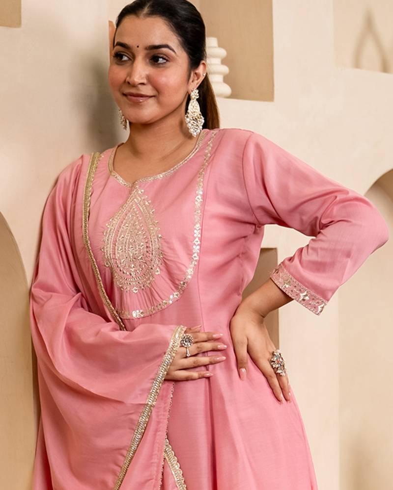 pink silk blend festive kurta set