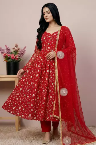 red georgette festive kurta set