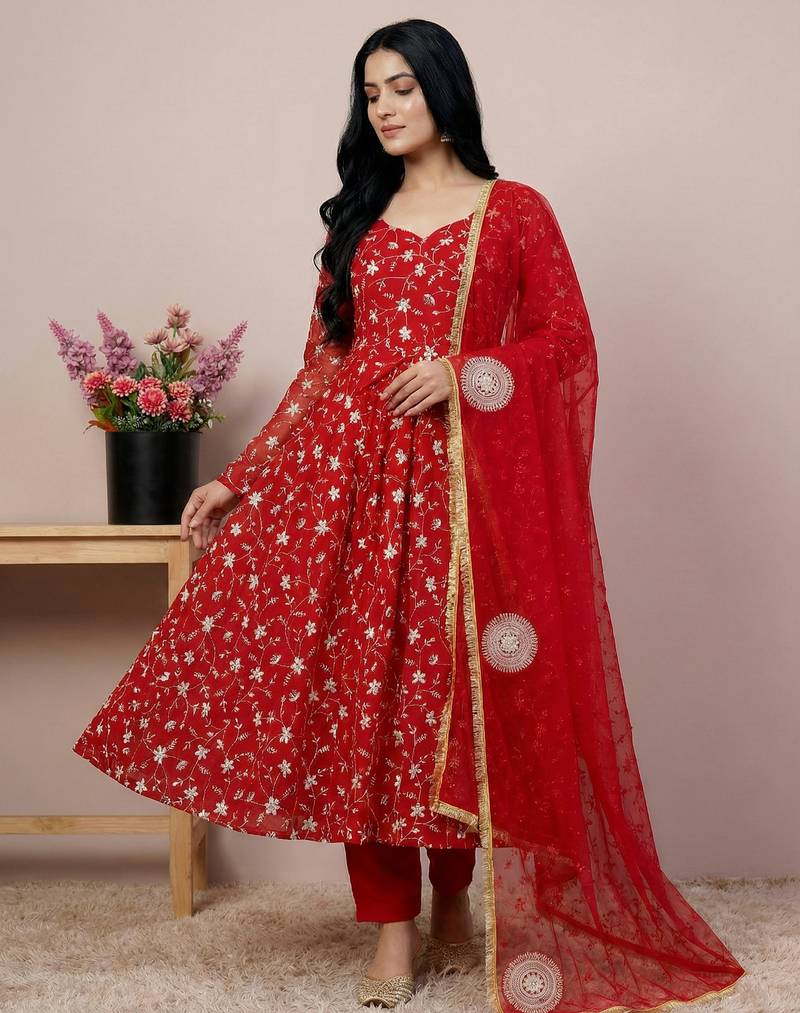 red georgette festive kurta set