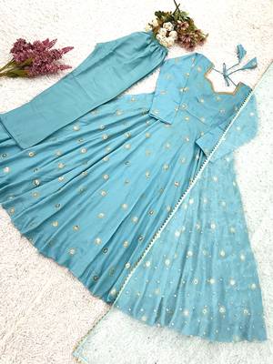 sky-blue fancy fabric festive kurta set 2