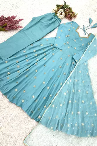 sky-blue fancy fabric festive kurta set