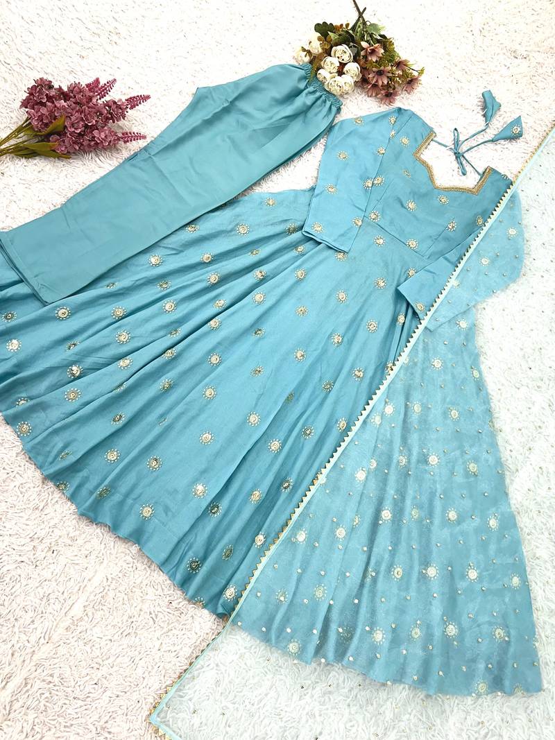 sky-blue fancy fabric festive kurta set