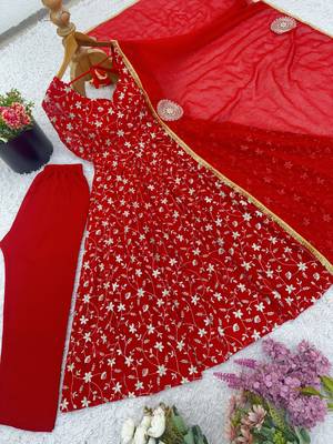 red georgette festive kurta set 3