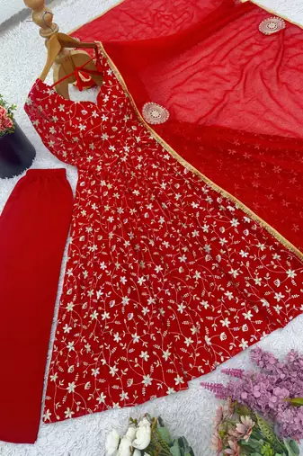 red georgette festive kurta set