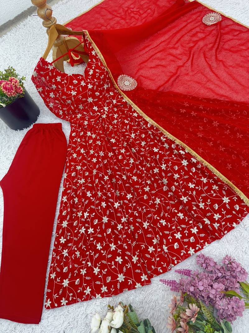 red georgette festive kurta set