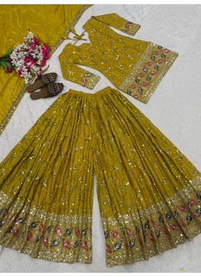 Mustard yellow embroidery silk blend  sharara suit set 5