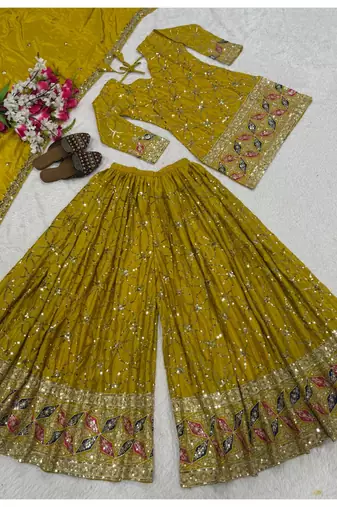 Mustard yellow embroidery silk blend  sharara suit set