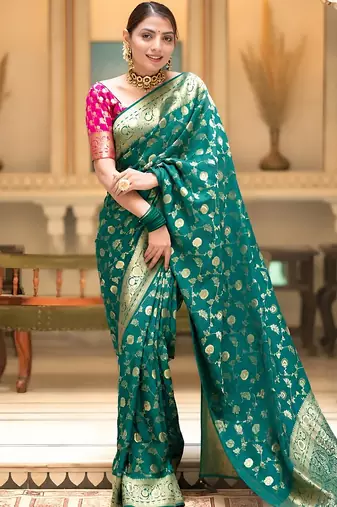Rama green zari woven art silk designer traditional saree with unstitched blouse