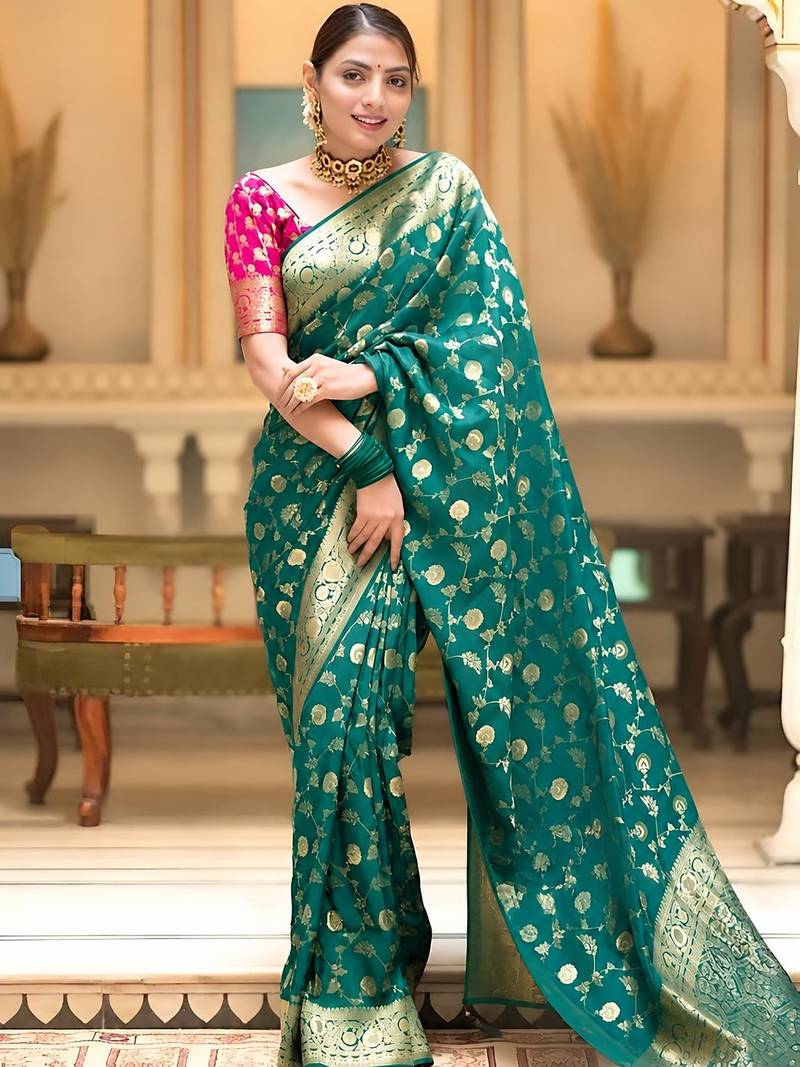 Rama green zari woven art silk designer traditional saree with unstitched blouse