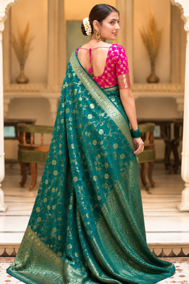 Rama green zari woven art silk designer traditional saree with unstitched blouse 2
